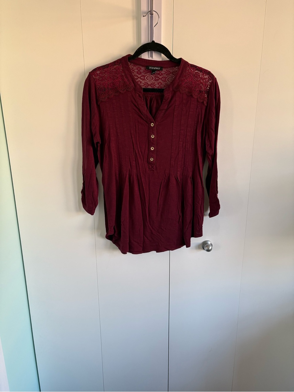 Roz & Ali Burgundy Lace Yoke Henley Tunic
